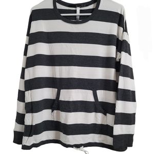 Kensie Black & White Striped Kangaroo Pocket Long Sleeve Top Women's Size L
